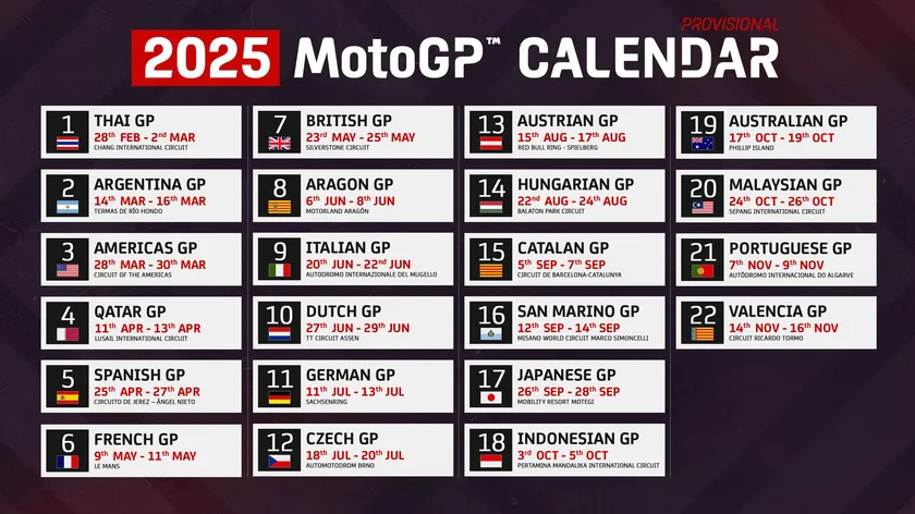 MotoGP公布2025赛历 全年在18国进行22站争夺